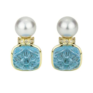 Earrings - Blue Topaz, South Sea Pearl And Diamond