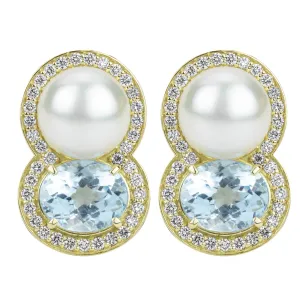 Earrings - Blue Topaz, Southsea Pearl And Diamond