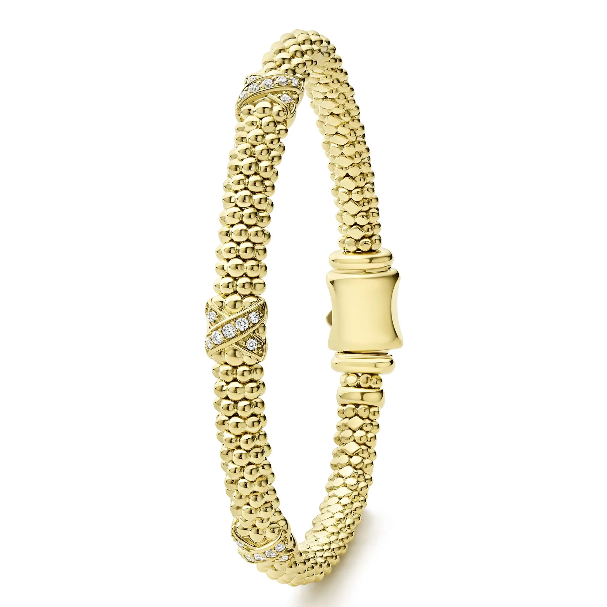 Embrace 18K Gold Three Station X Diamond Caviar Bracelet | 6mm