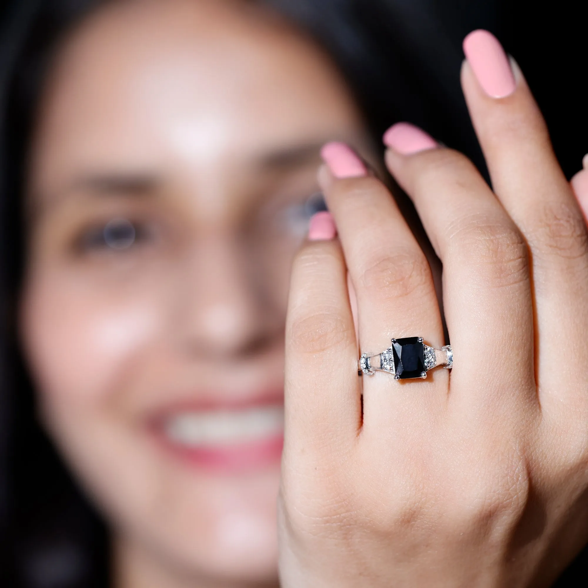 Emerald Cut Black Onyx Solitaire Ring with Moissanite