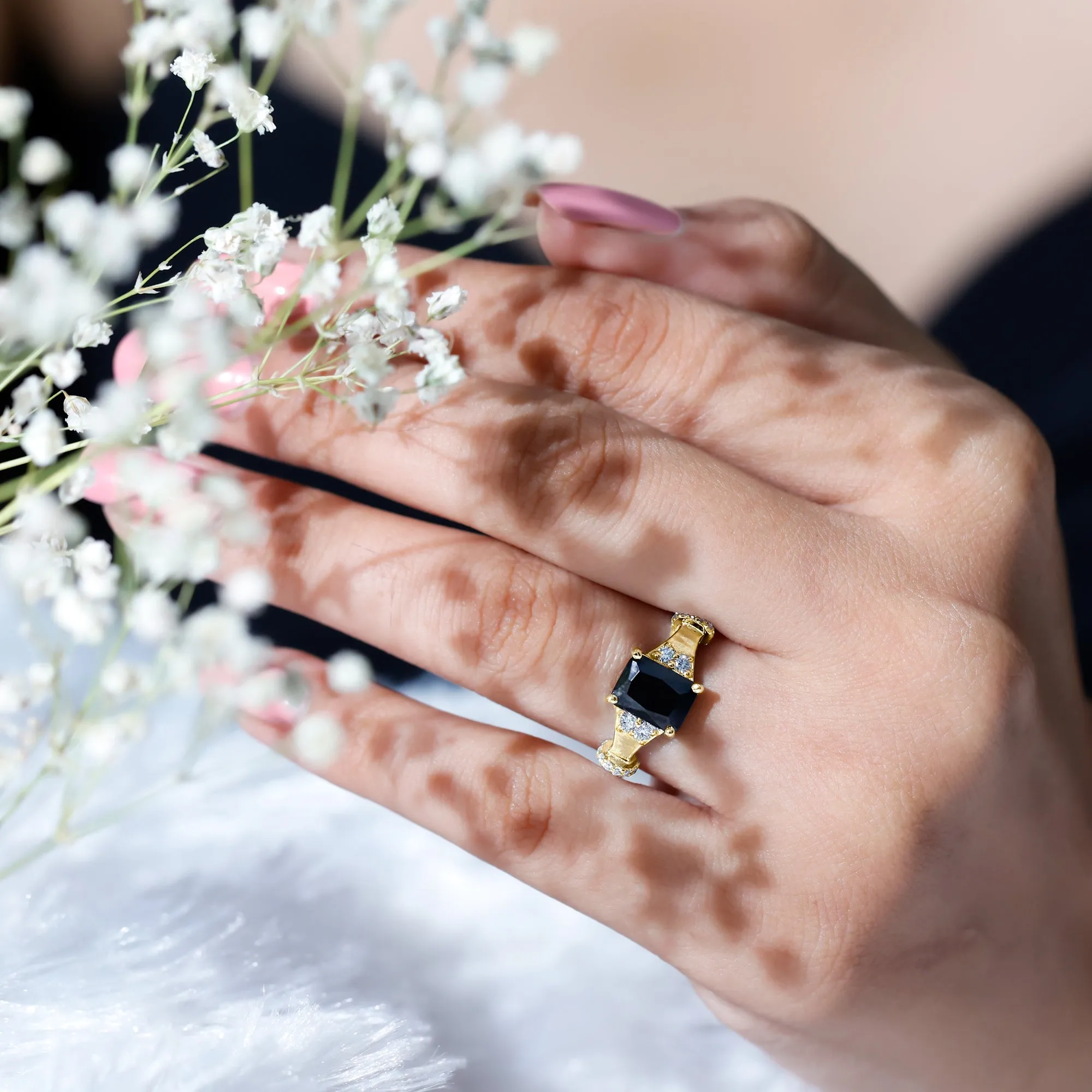 Emerald Cut Black Onyx Solitaire Ring with Moissanite