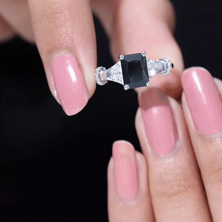 Emerald Cut Black Onyx Solitaire Ring with Moissanite