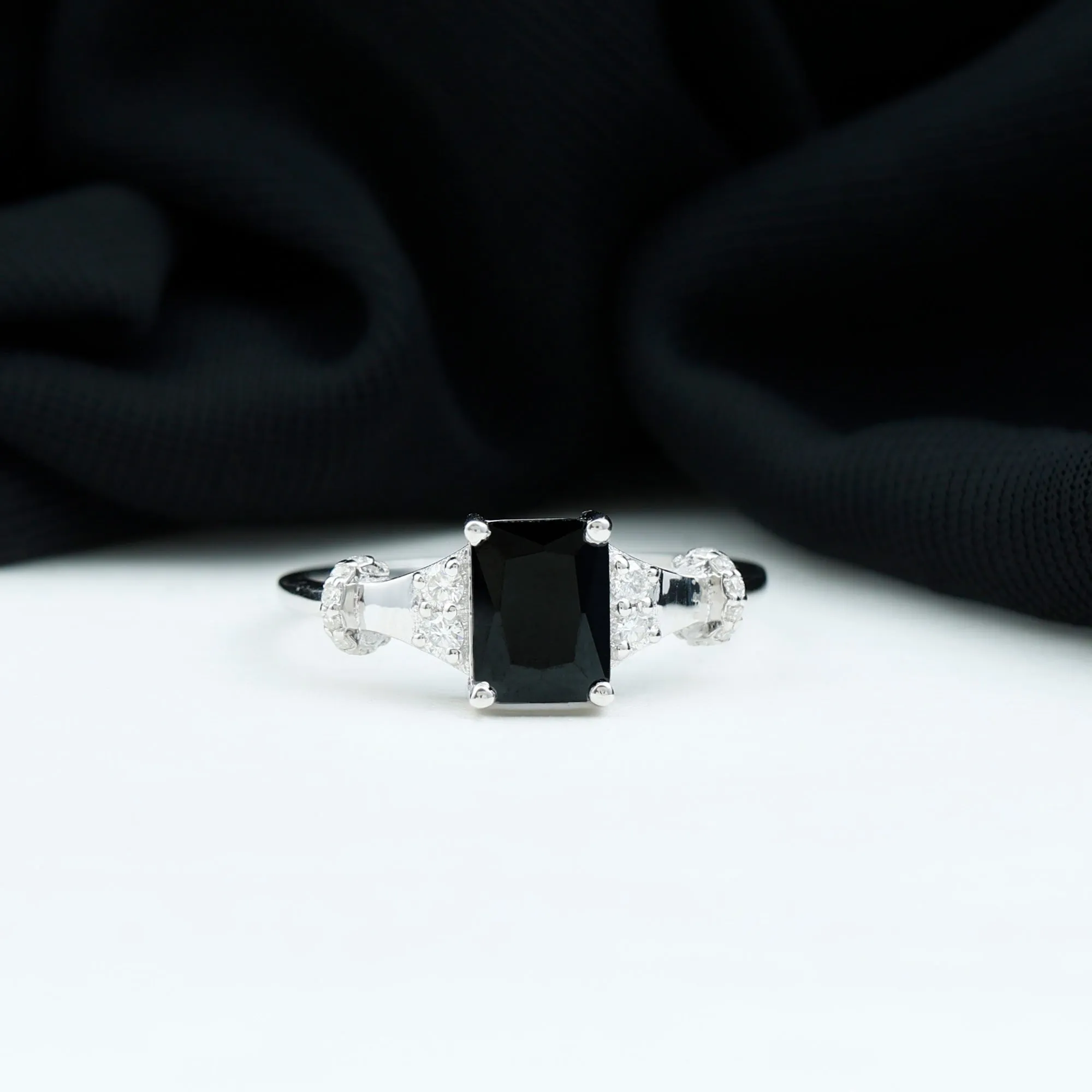 Emerald Cut Black Onyx Solitaire Ring with Moissanite