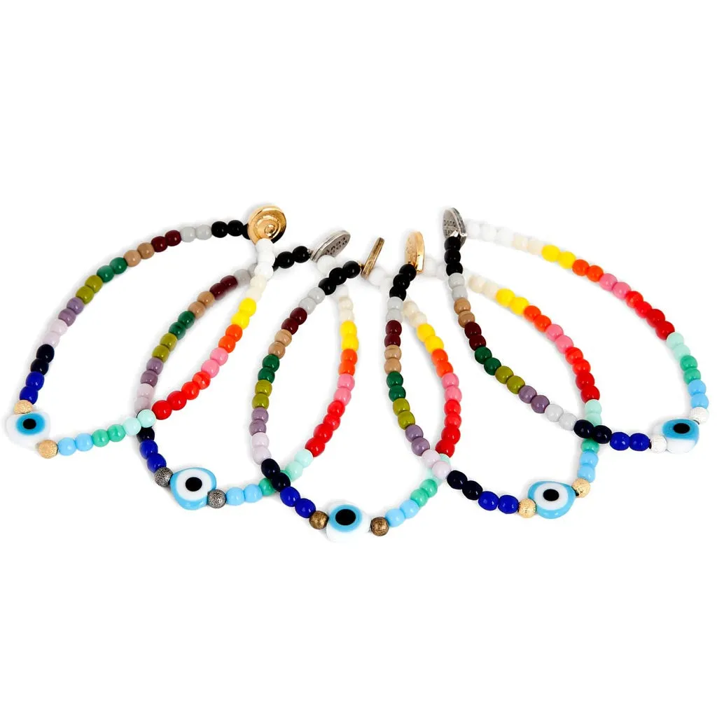 Evil Eye Heart Charm Rainbow Glass Bead Bracelet