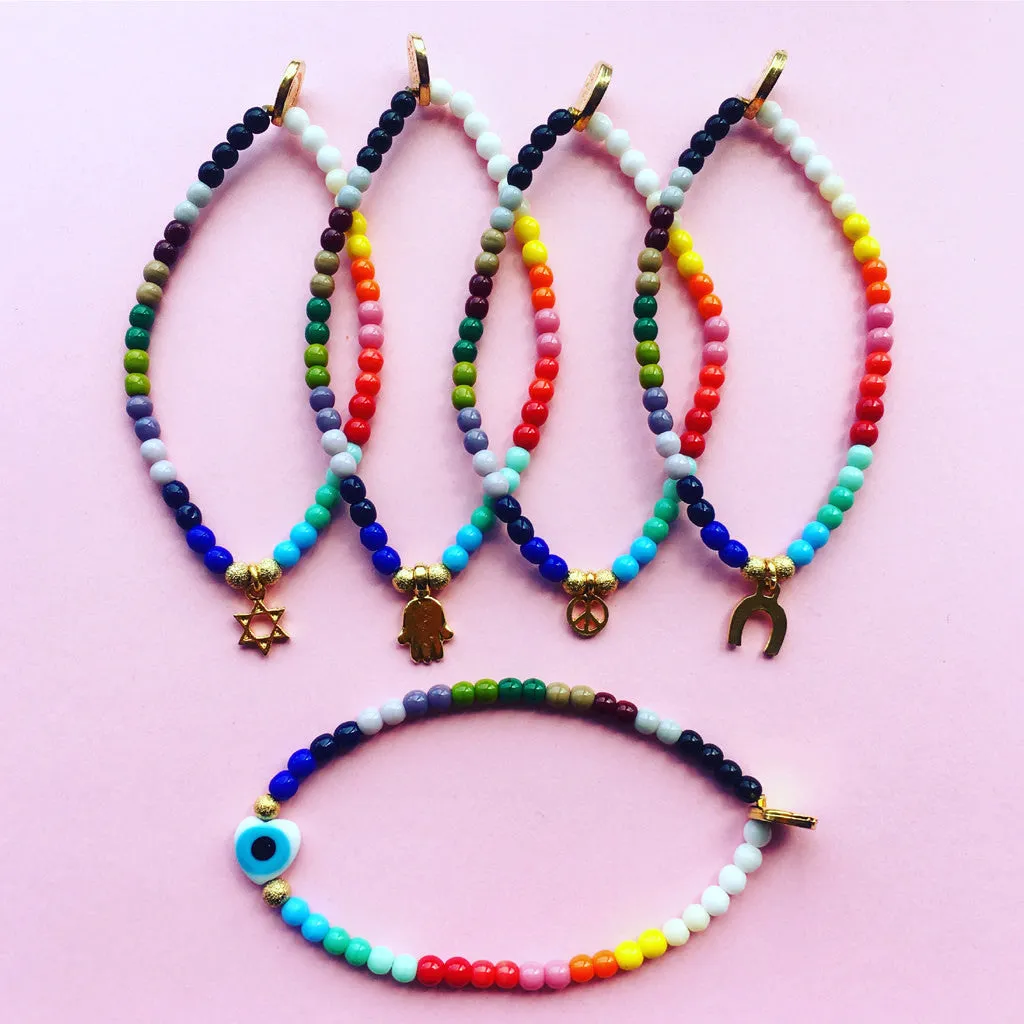 Evil Eye Heart Charm Rainbow Glass Bead Bracelet