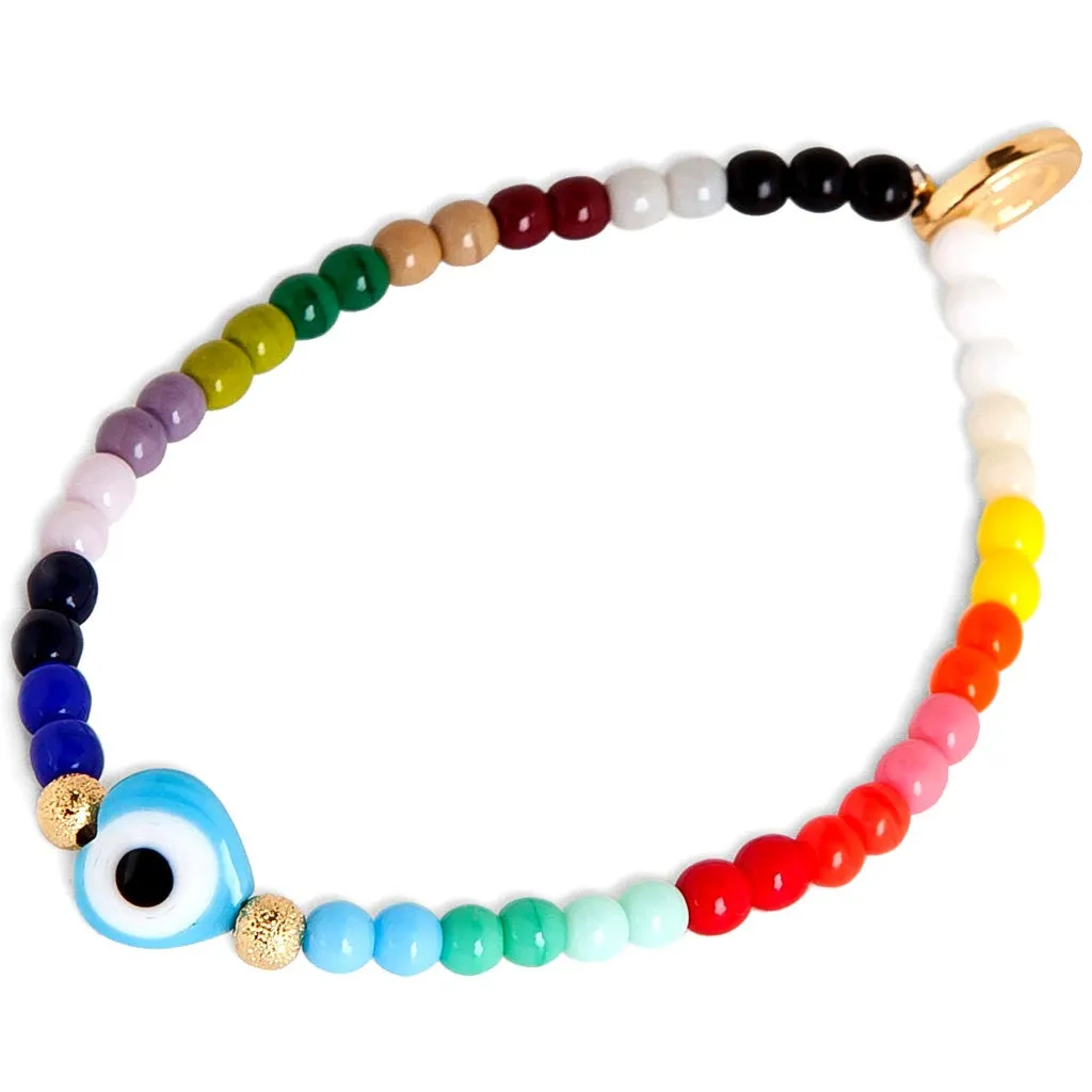 Evil Eye Heart Charm Rainbow Glass Bead Bracelet