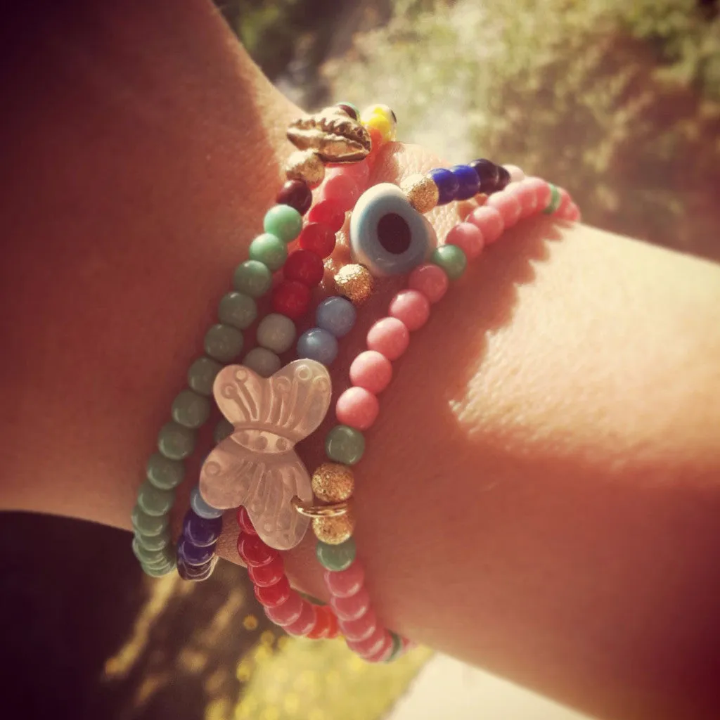 Evil Eye Heart Charm Rainbow Glass Bead Bracelet