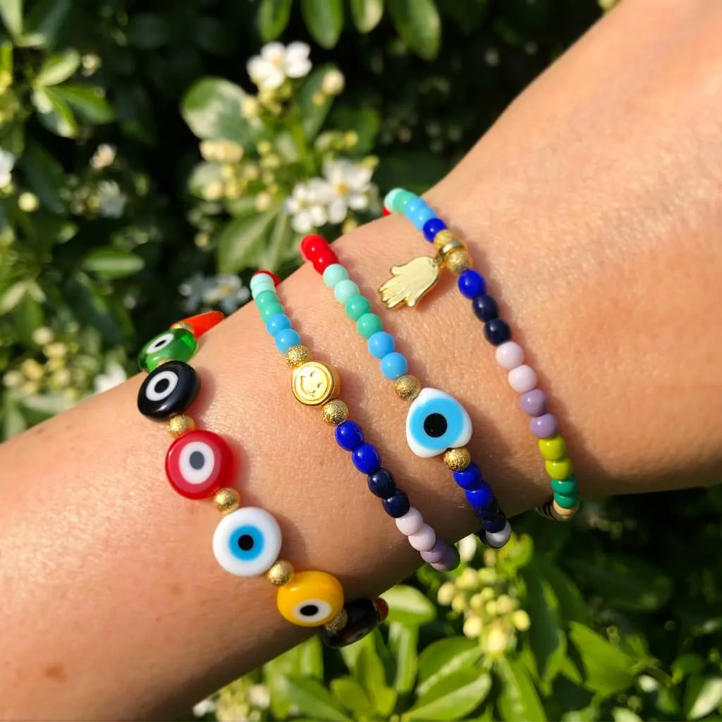 Evil Eye Heart Charm Rainbow Glass Bead Bracelet