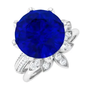 Floral Inspired Lab Grown Blue Sapphire and Diamond Bridal Ring Set