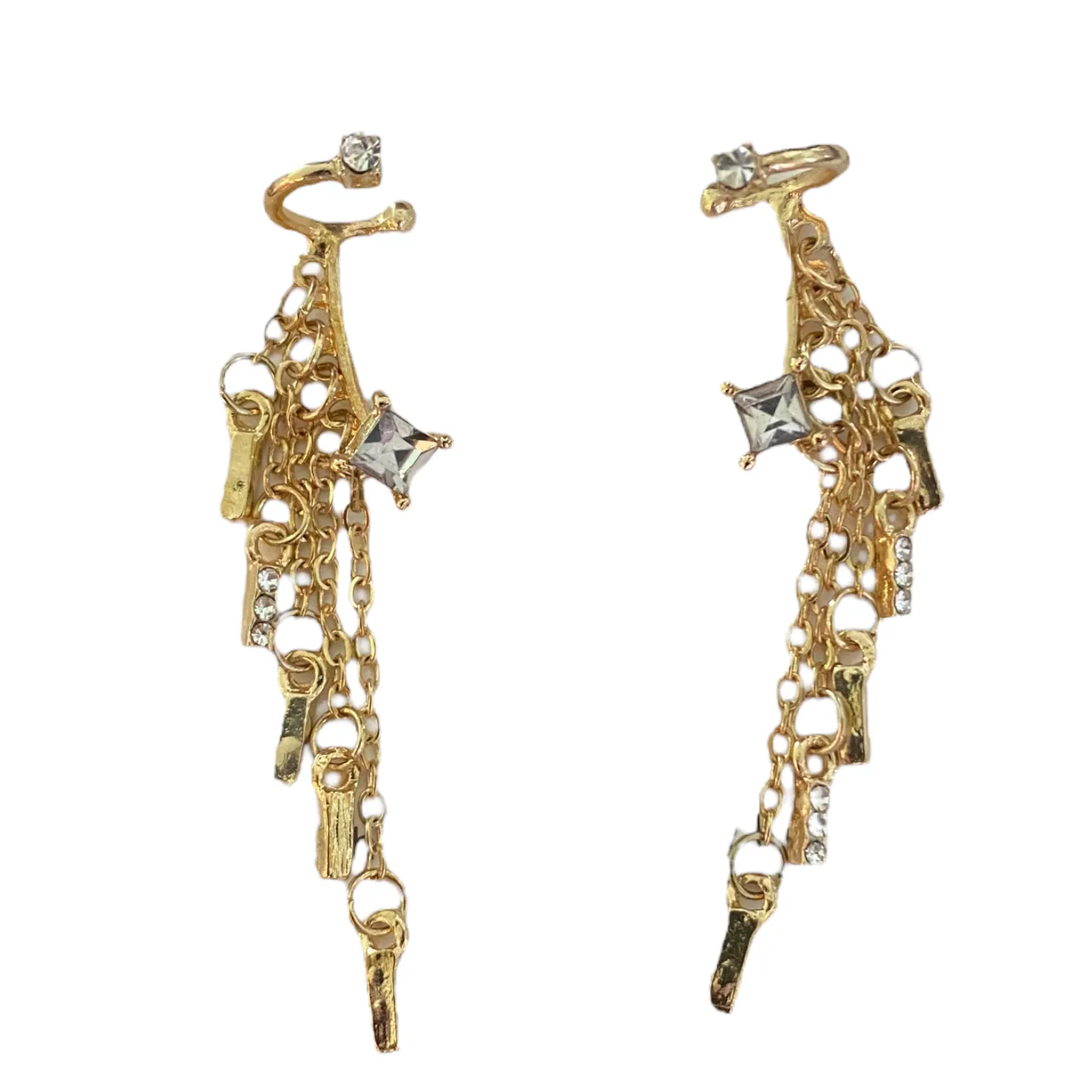 Gold & Faux Diamond Stud Earring With Dangle Ear Cuff