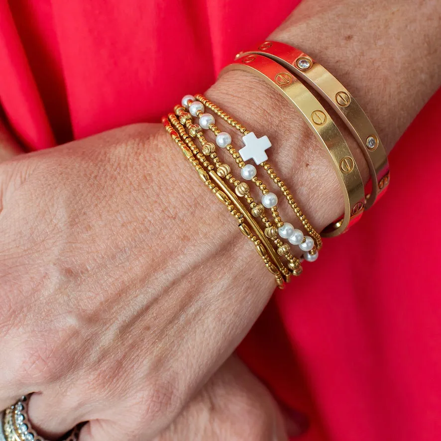 Gold Beaded White Cross Bracelet