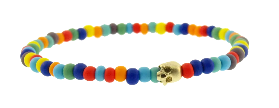 Gold Half Skull on Multicolor Glass Beaded Bracelet