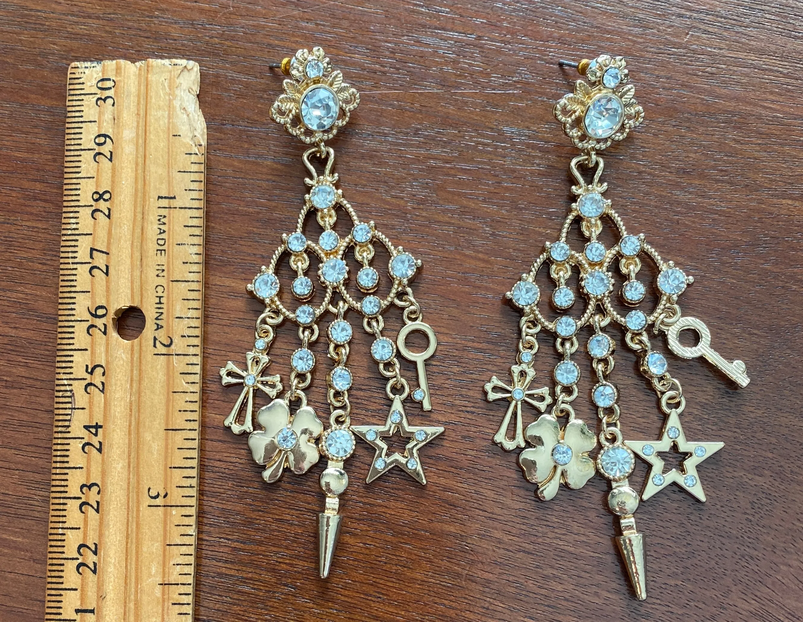 Gold Tone Rhinestone Chandelier Rhinestone Charm Pierced Earrings