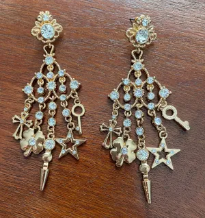 Gold Tone Rhinestone Chandelier Rhinestone Charm Pierced Earrings