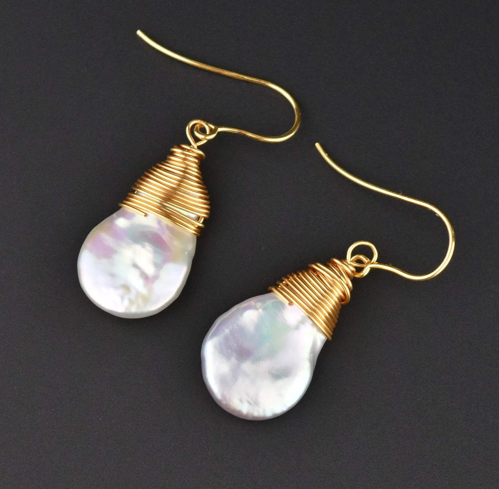 Gold Wire Wrapped Dangle Baroque Pearl Earrings