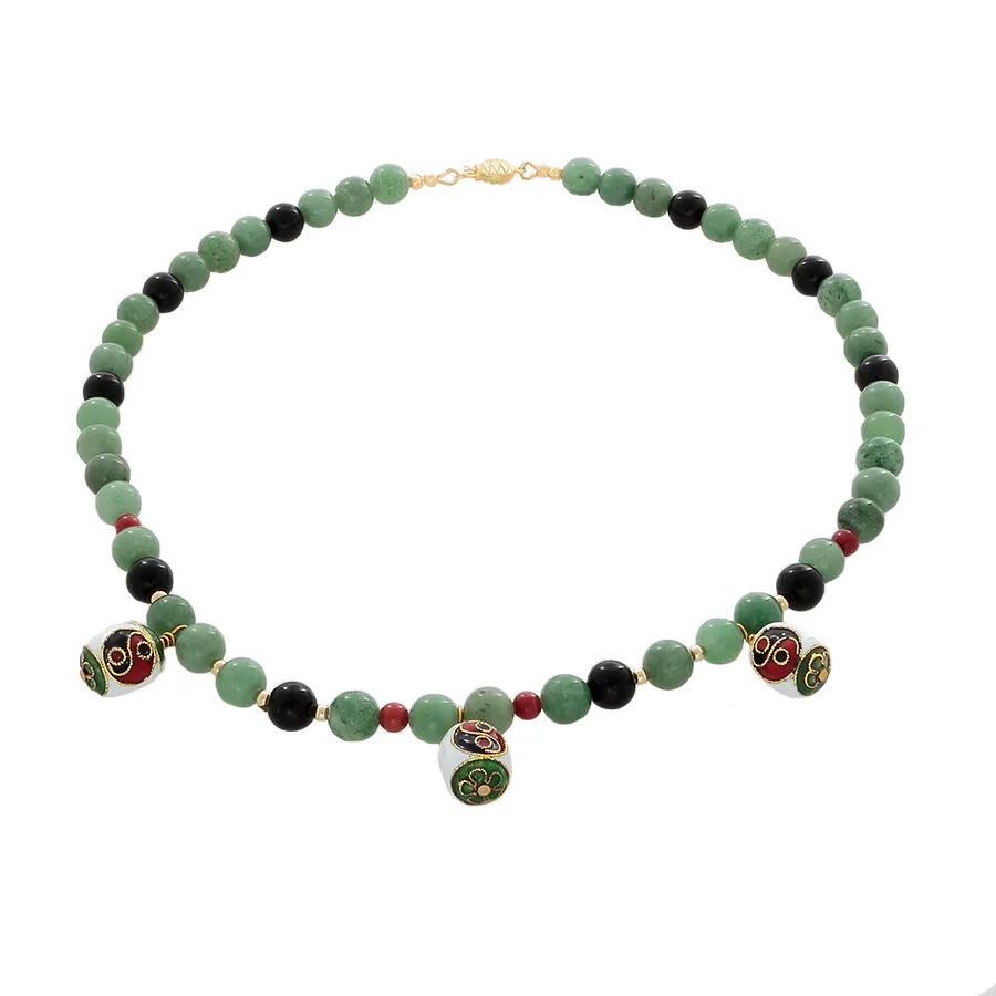 Green Aventurine, coral, and onyx beads with Cloisonne Yin/Yang Bead Necklace