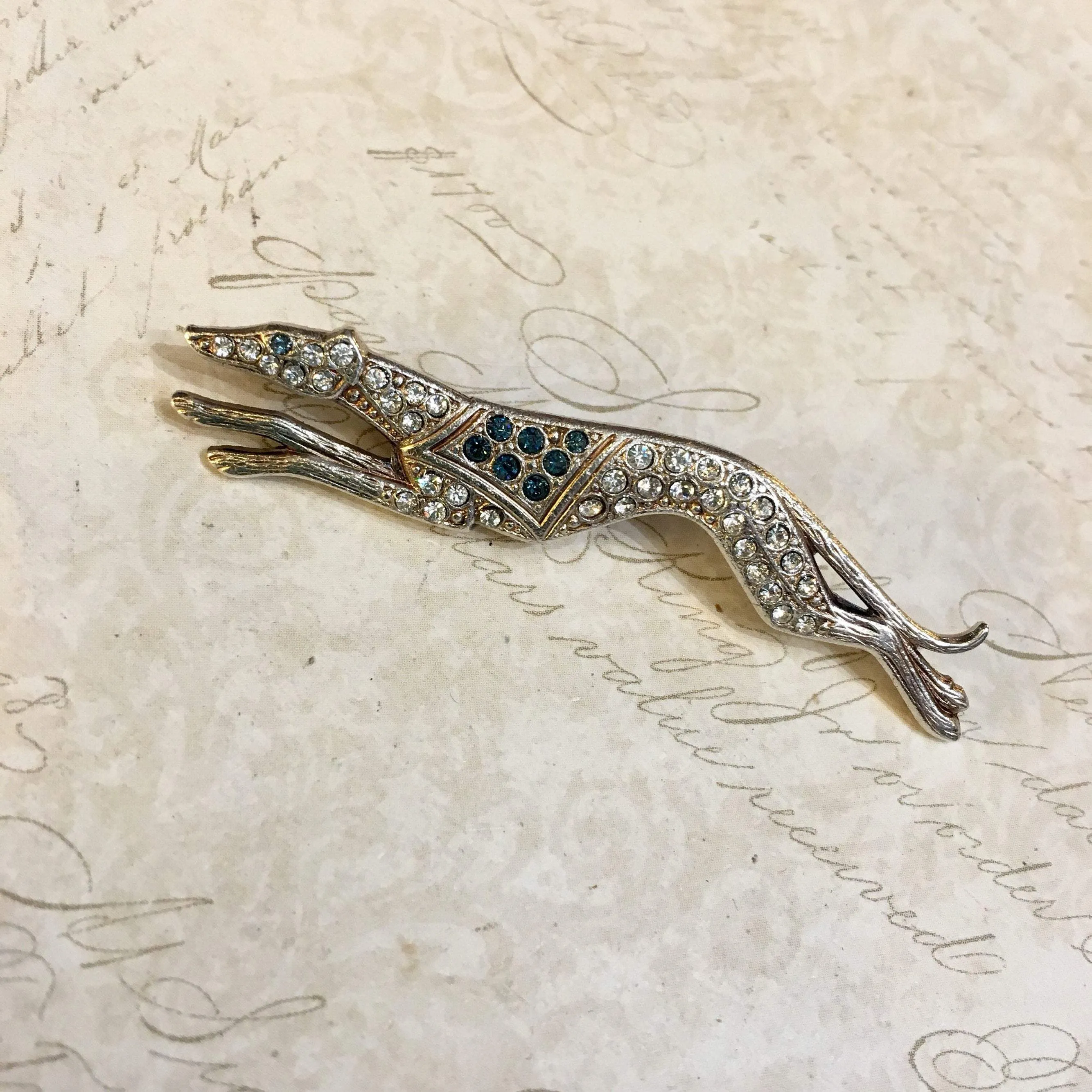 Greyhound Brooch Blue Crystal Silver