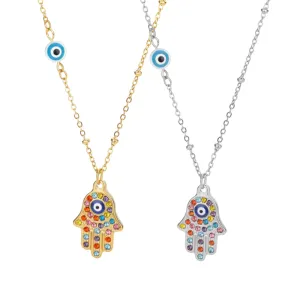 Hamsa Hand Necklace w/ Colored Zircons