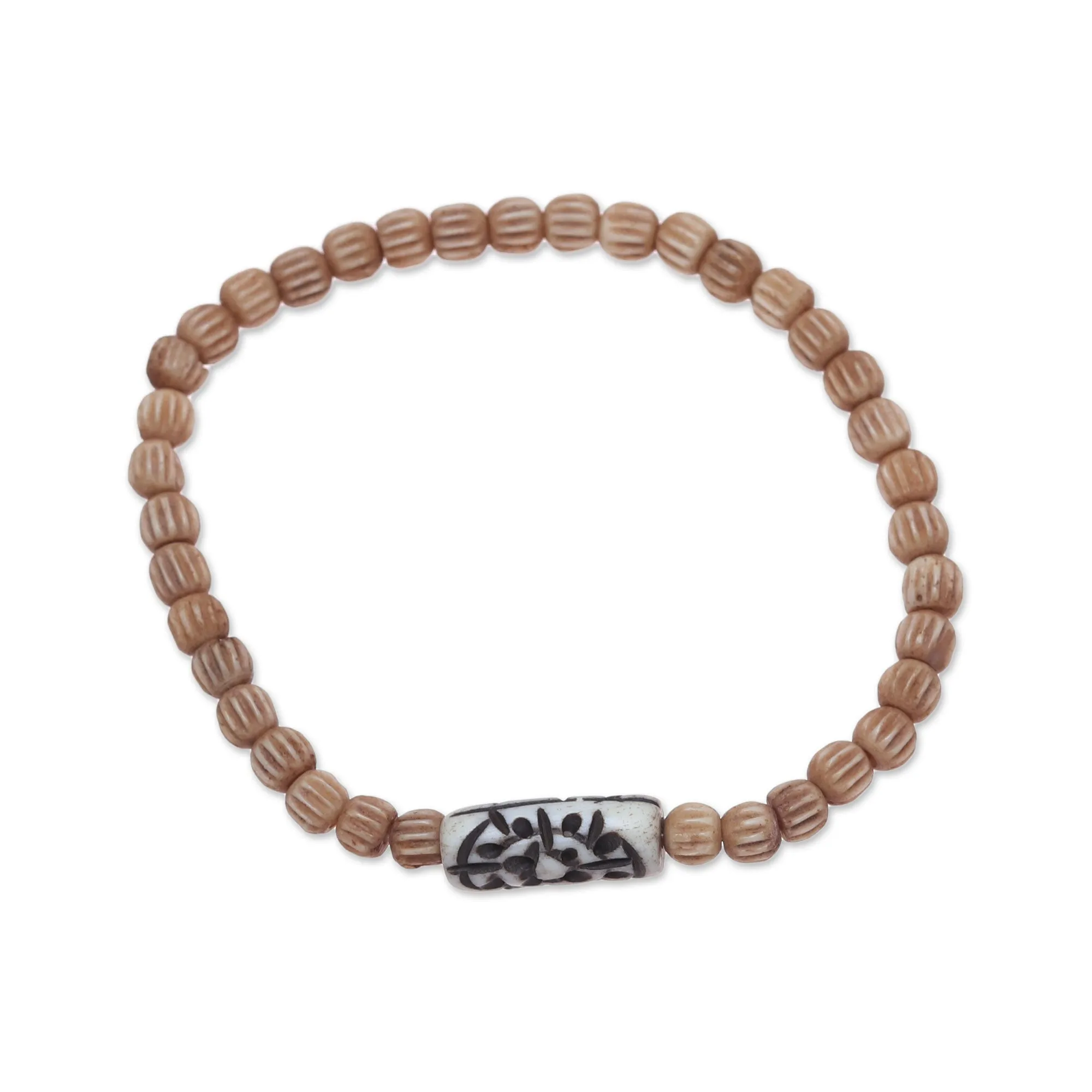 Handcrafted Beige Buffalo Bone Beaded Stretch Bracelet - Graceful Flow | NOVICA