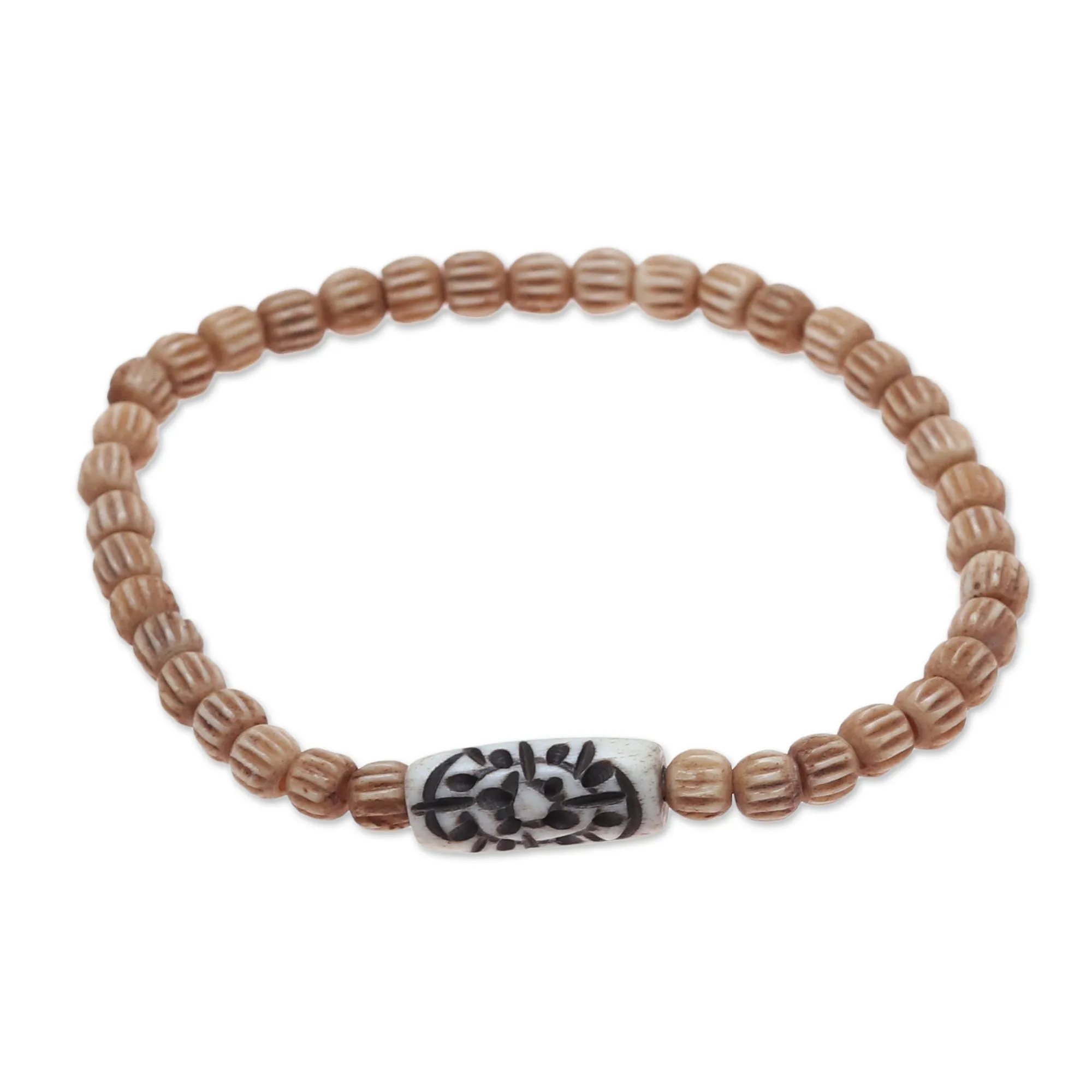 Handcrafted Beige Buffalo Bone Beaded Stretch Bracelet - Graceful Flow | NOVICA