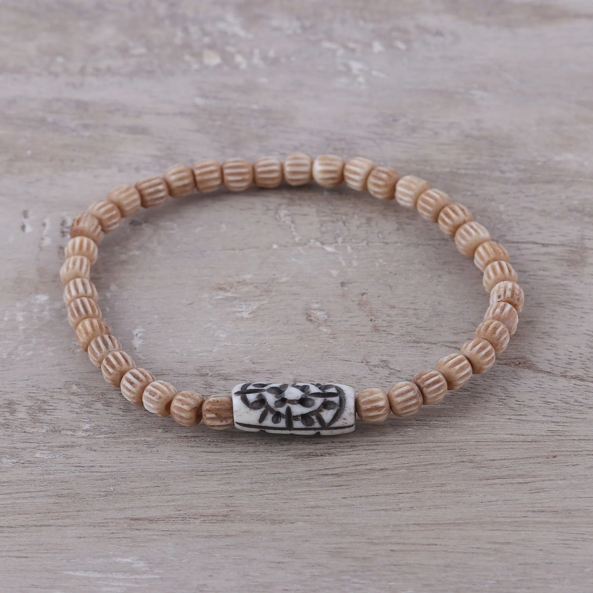 Handcrafted Beige Buffalo Bone Beaded Stretch Bracelet - Graceful Flow | NOVICA