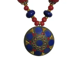 Handmade Lapis & Coral Tibetan Long Bead Necklace w/ Medallion