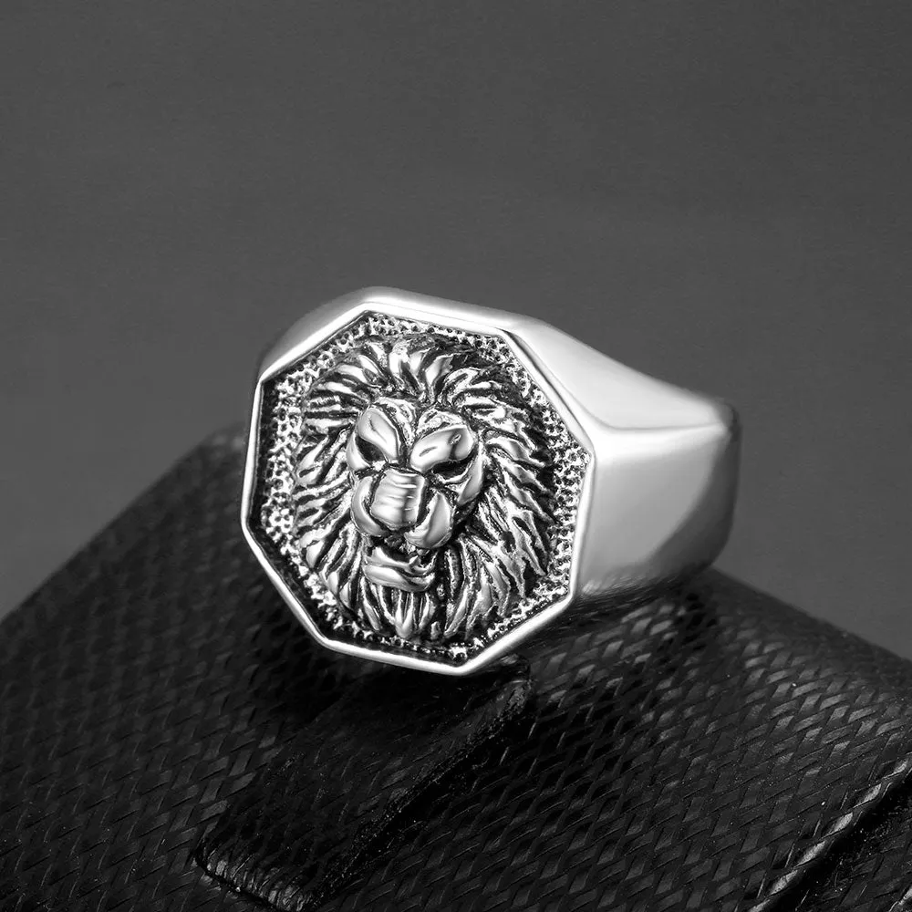 HEXAGON LION HEAD SIGNET RING