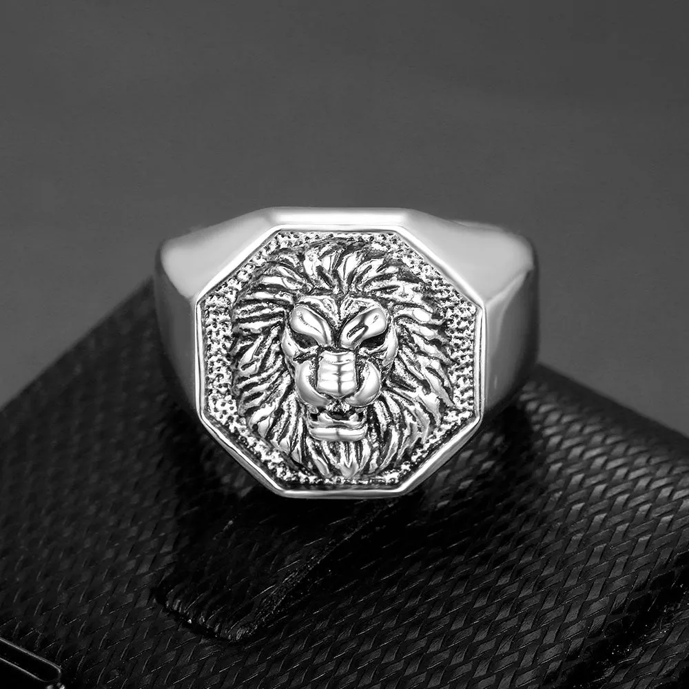 HEXAGON LION HEAD SIGNET RING