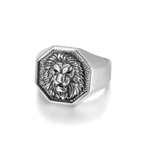 HEXAGON LION HEAD SIGNET RING