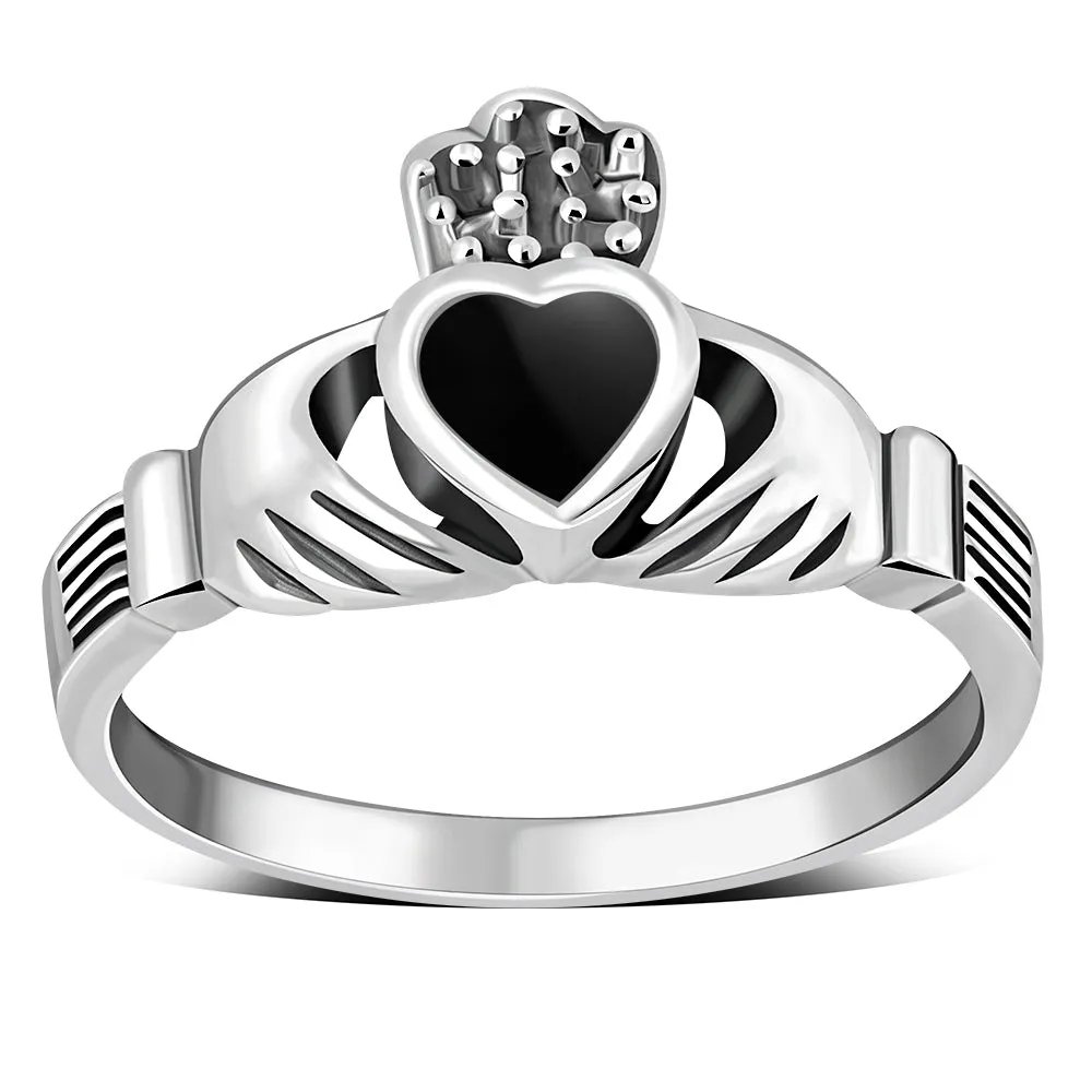 Irish Claddagh Sterling Silver Ring w/ Black Onyx