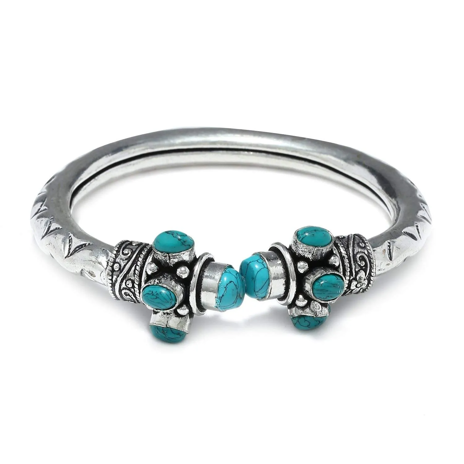 Kairangi Oxidised Silver Bracelet for Men Turquoise Green Tribal Stone Silver Oxidised Kadaa Bangle Bracelet for Women and Girls