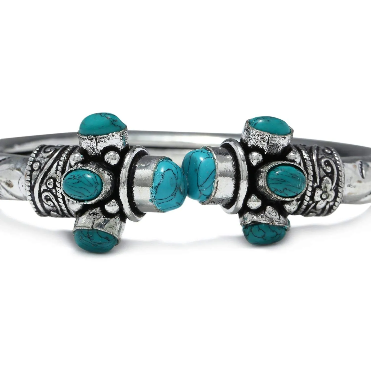 Kairangi Oxidised Silver Bracelet for Men Turquoise Green Tribal Stone Silver Oxidised Kadaa Bangle Bracelet for Women and Girls