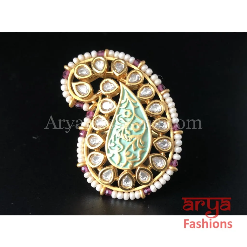 Kundan Mint Green Meenakari Pearl Golden Ring