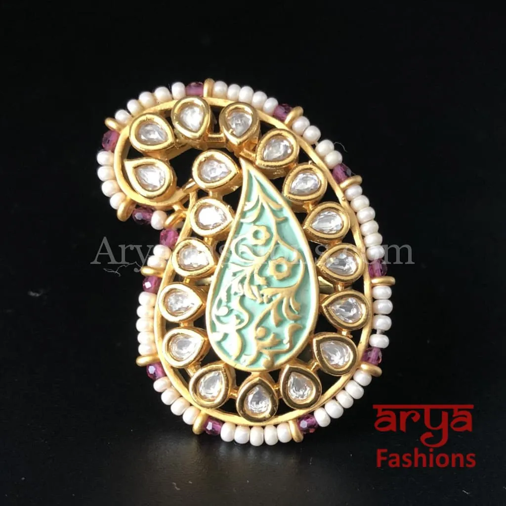 Kundan Mint Green Meenakari Pearl Golden Ring