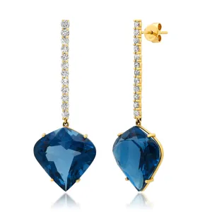 LONDON BLUE TOPAZ DROP EARRINGS DIAMONDS 14kt GOLD