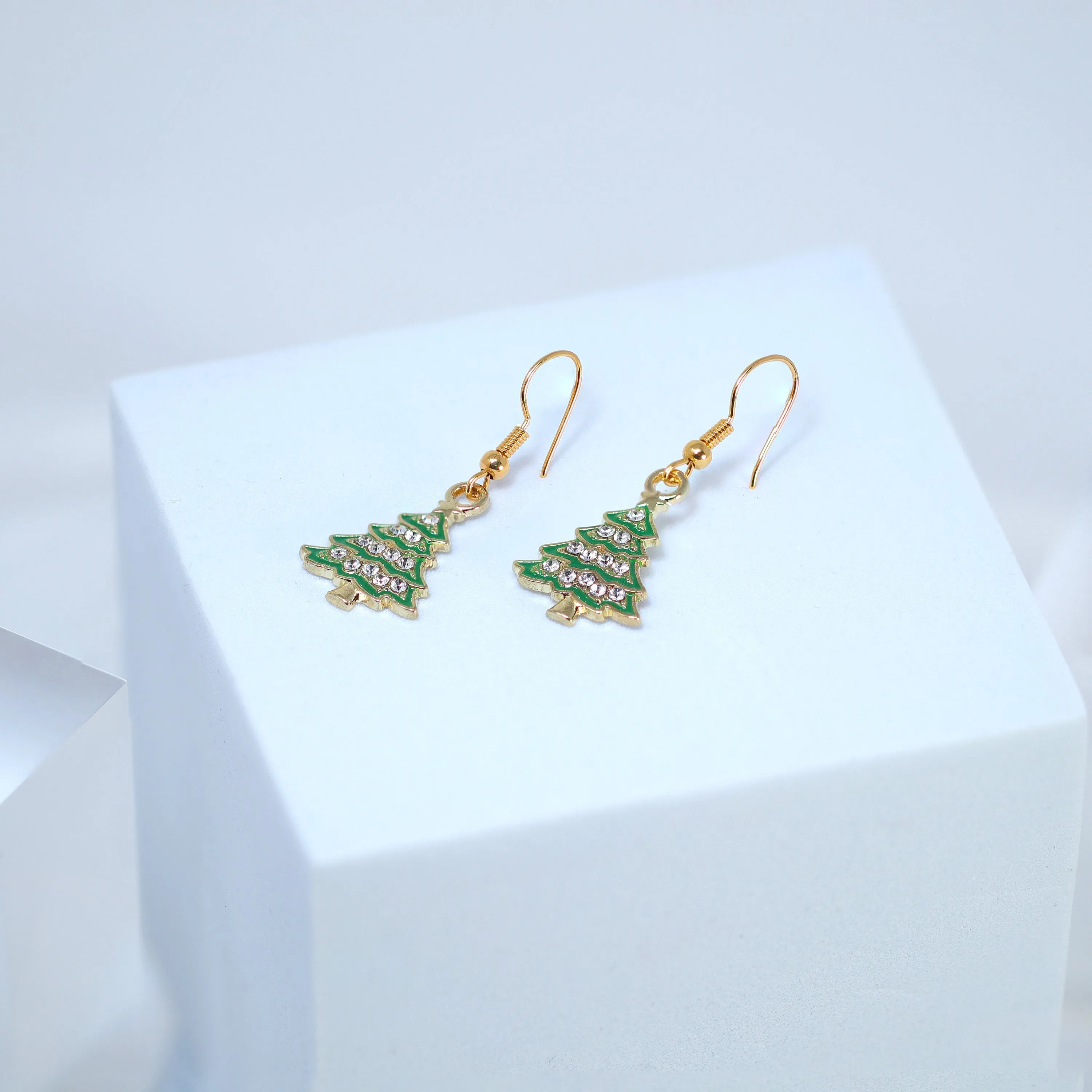 Minimalist Rhinestone Green Christmas Tree Dangle Earrings, Crystal Tree Earring, Statement Christmas Earring.