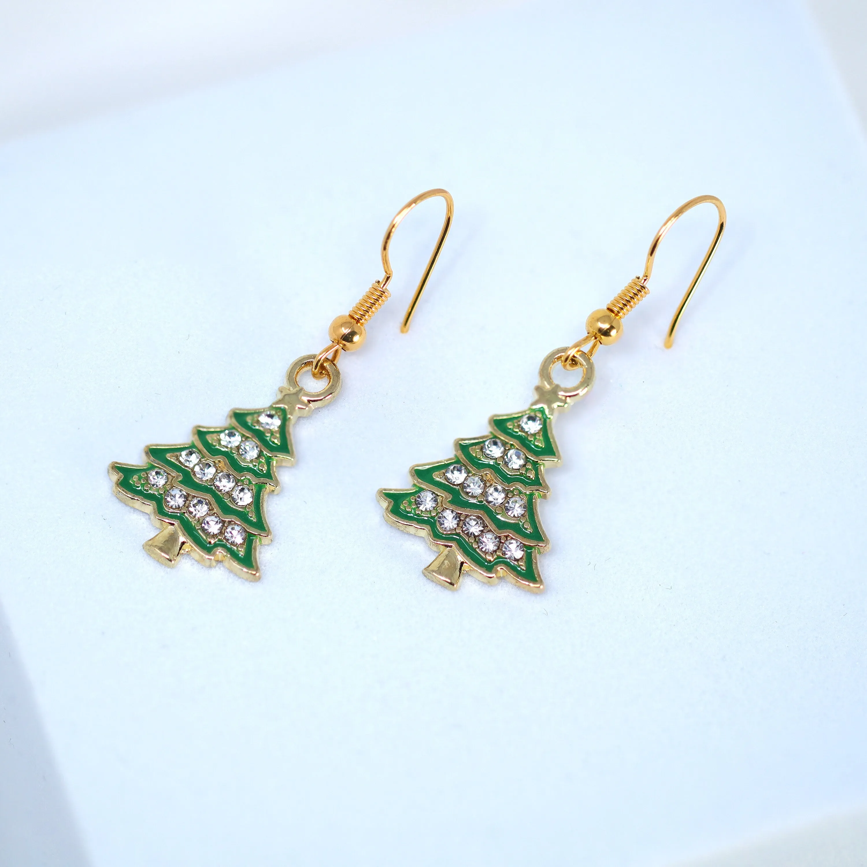 Minimalist Rhinestone Green Christmas Tree Dangle Earrings, Crystal Tree Earring, Statement Christmas Earring.