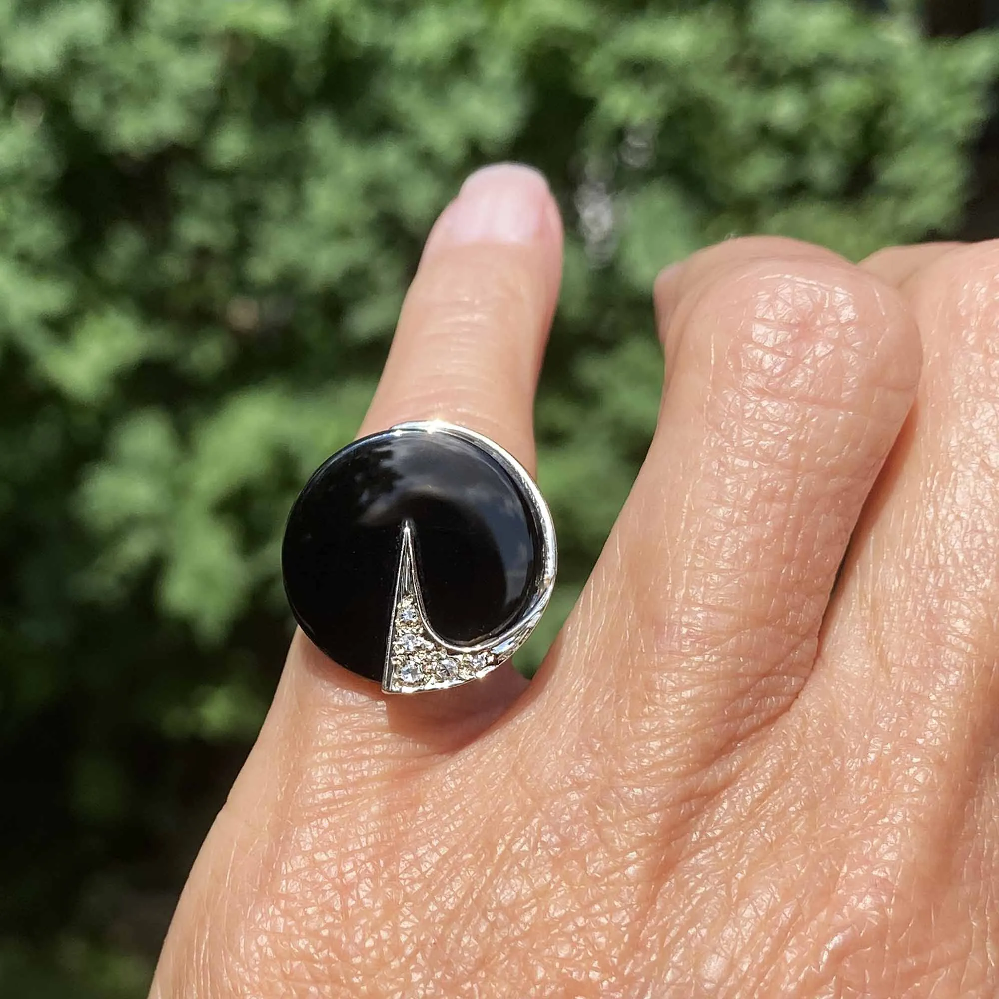 Modernist 14K Gold Diamond Onyx Ring, Euro Shank