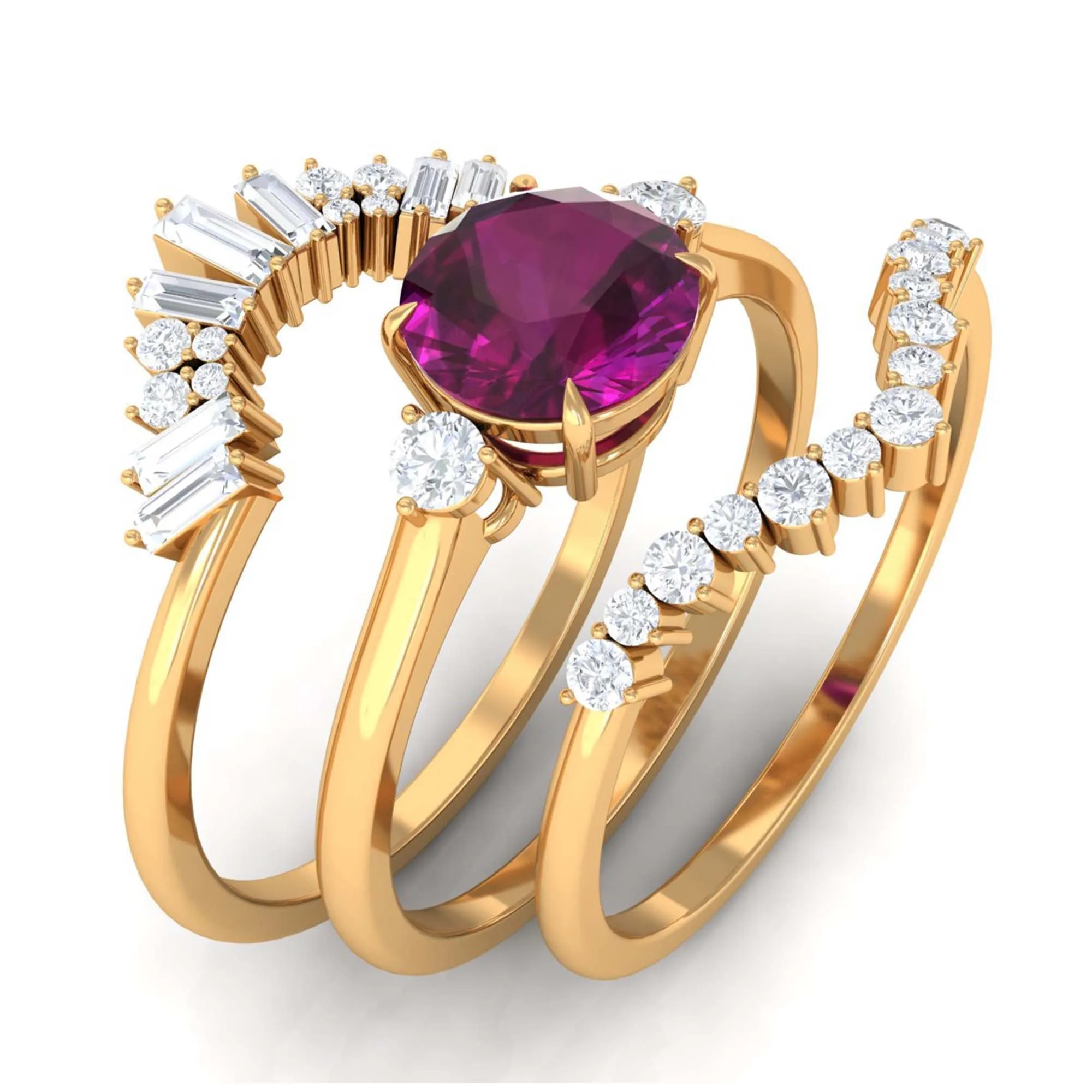 Natural Rhodolite Designer Bridal Ring Set of 3 with Moissanite