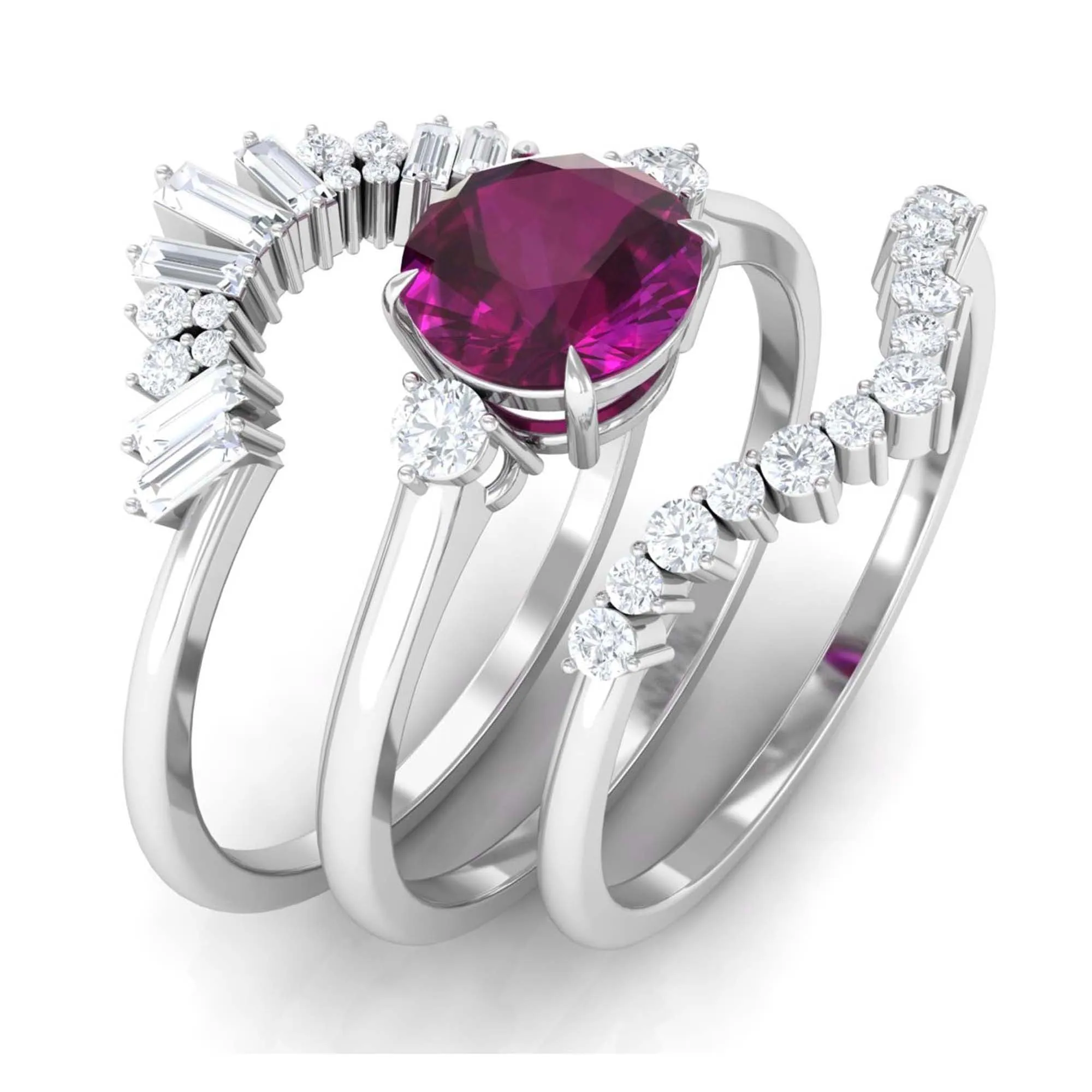 Natural Rhodolite Designer Bridal Ring Set of 3 with Moissanite