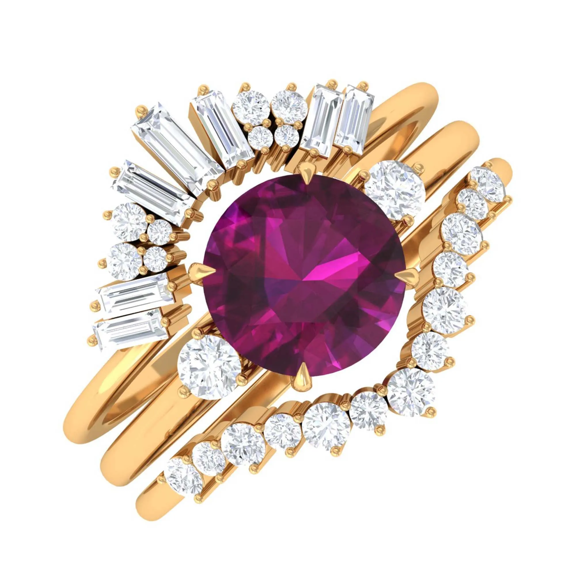 Natural Rhodolite Designer Bridal Ring Set of 3 with Moissanite