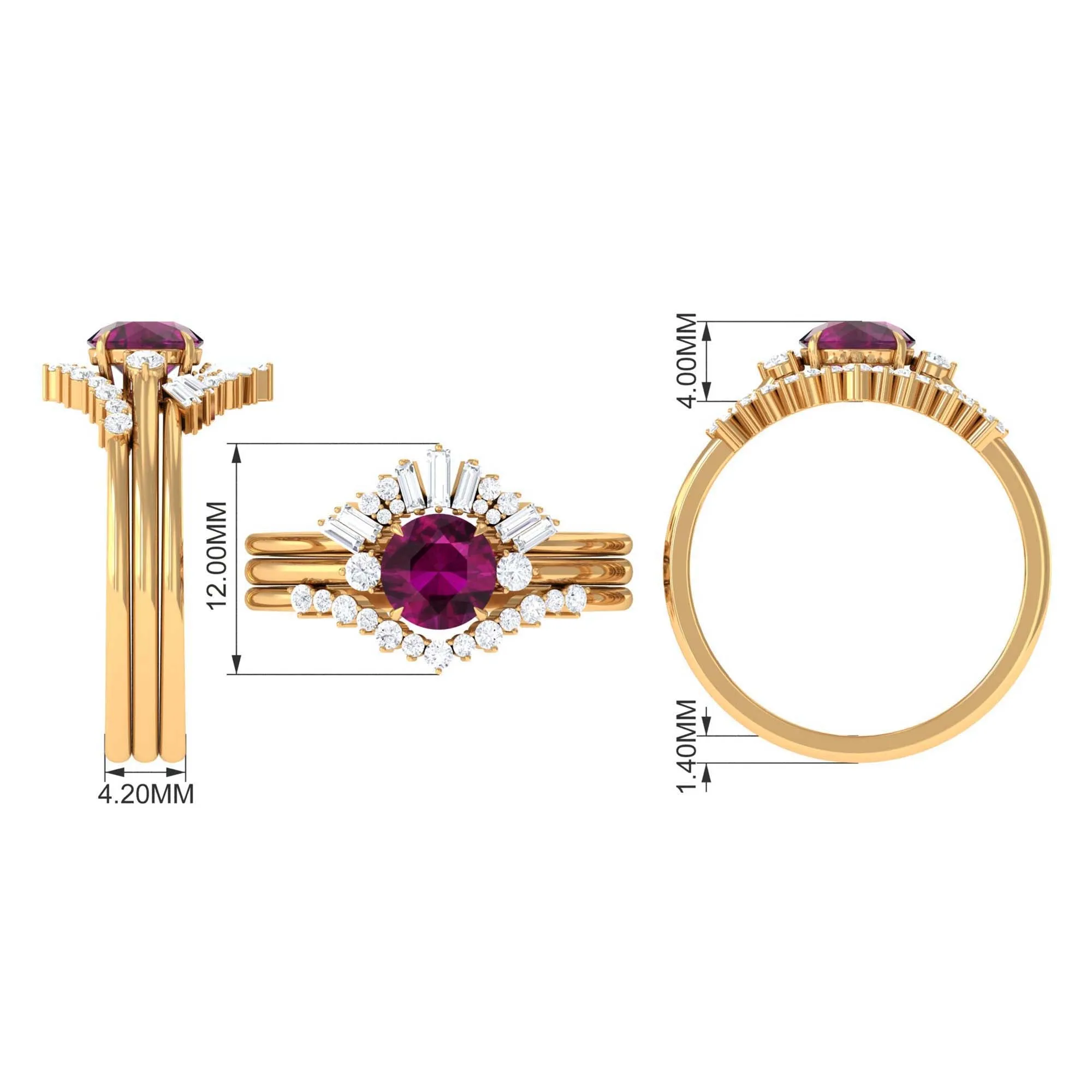 Natural Rhodolite Designer Bridal Ring Set of 3 with Moissanite