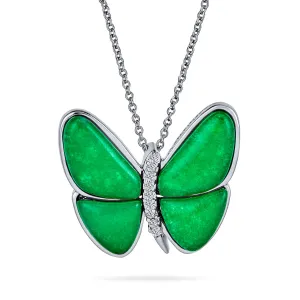 Nature-Inspired Silver Plated Pendant Necklace with Green Jade and CZ Butterfly Accents