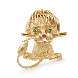 Novelty Lion Brooch, Emerald Eyes, Ruby Set Snout