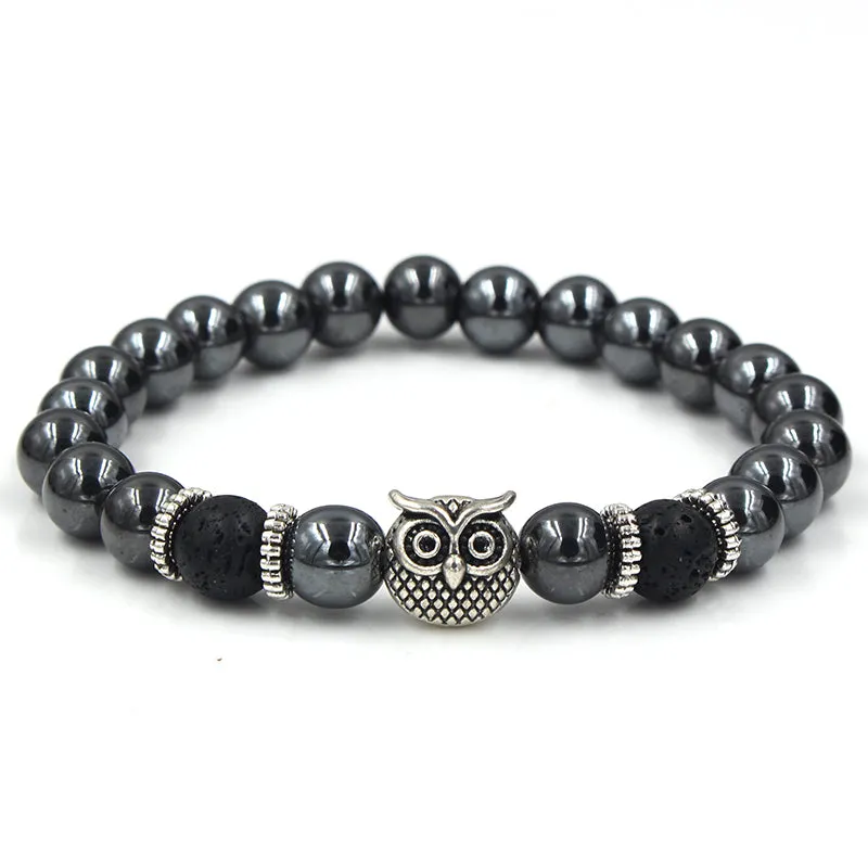 Palmdale Silver Owl Black Hermatite Beaded Bracelet