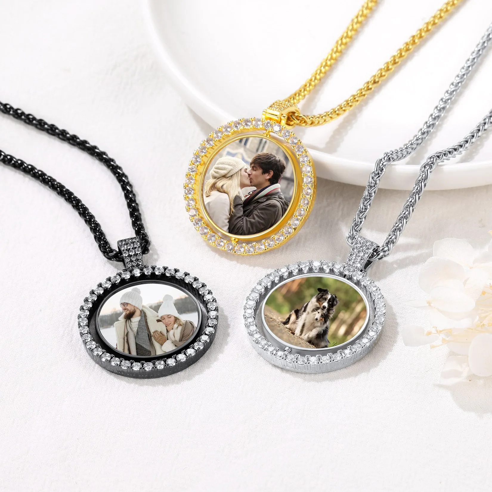 Personalized CZ Double-side Picture Necklace Memorial Gift