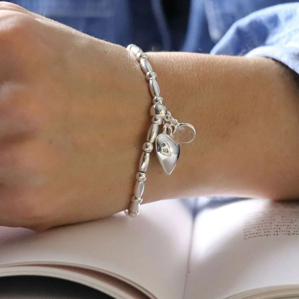 POM Silver Plated Stretch Bracelet with Crystal and Heart Charm