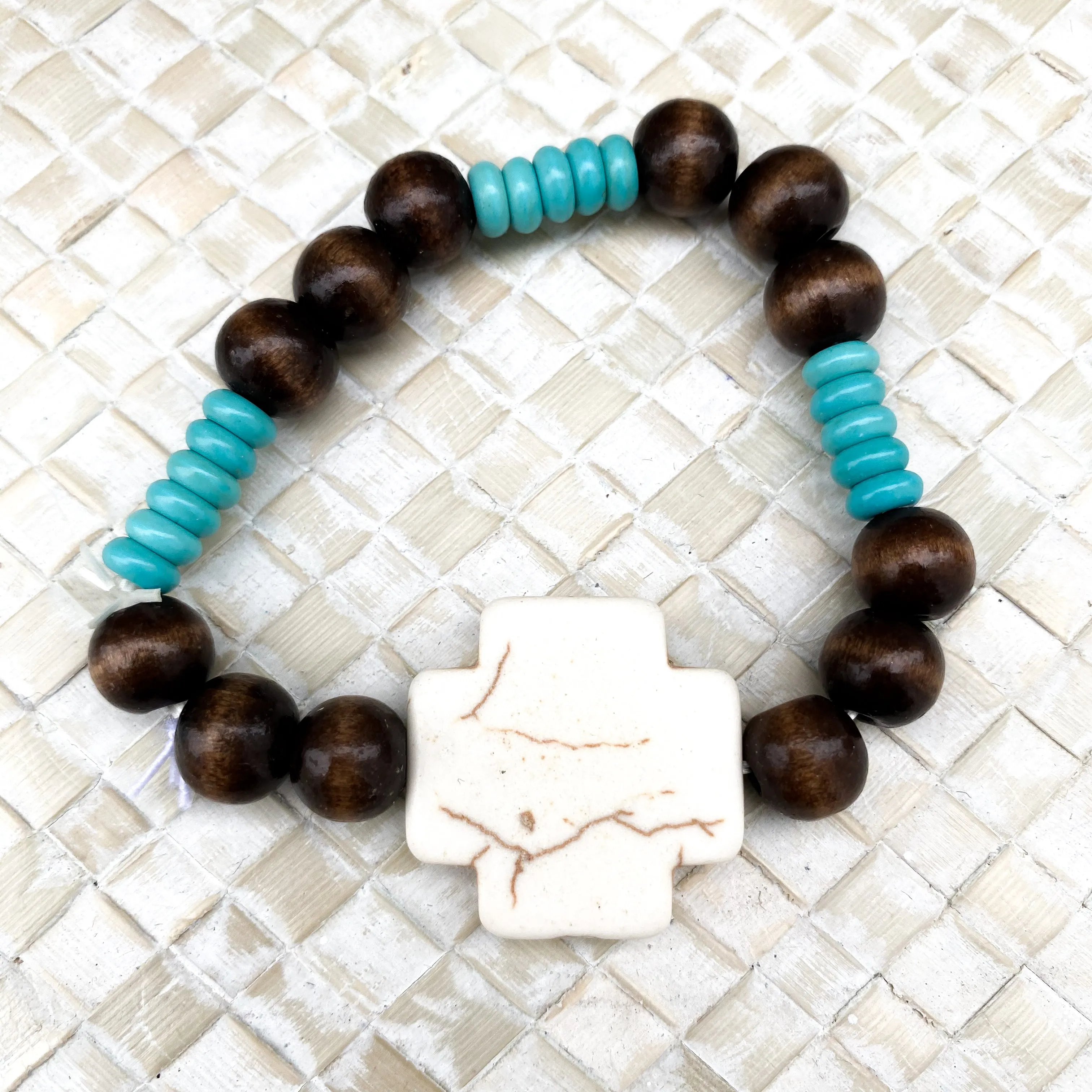 "Kory" Wooden, Turquoise, and Bone Cross Bracelet 