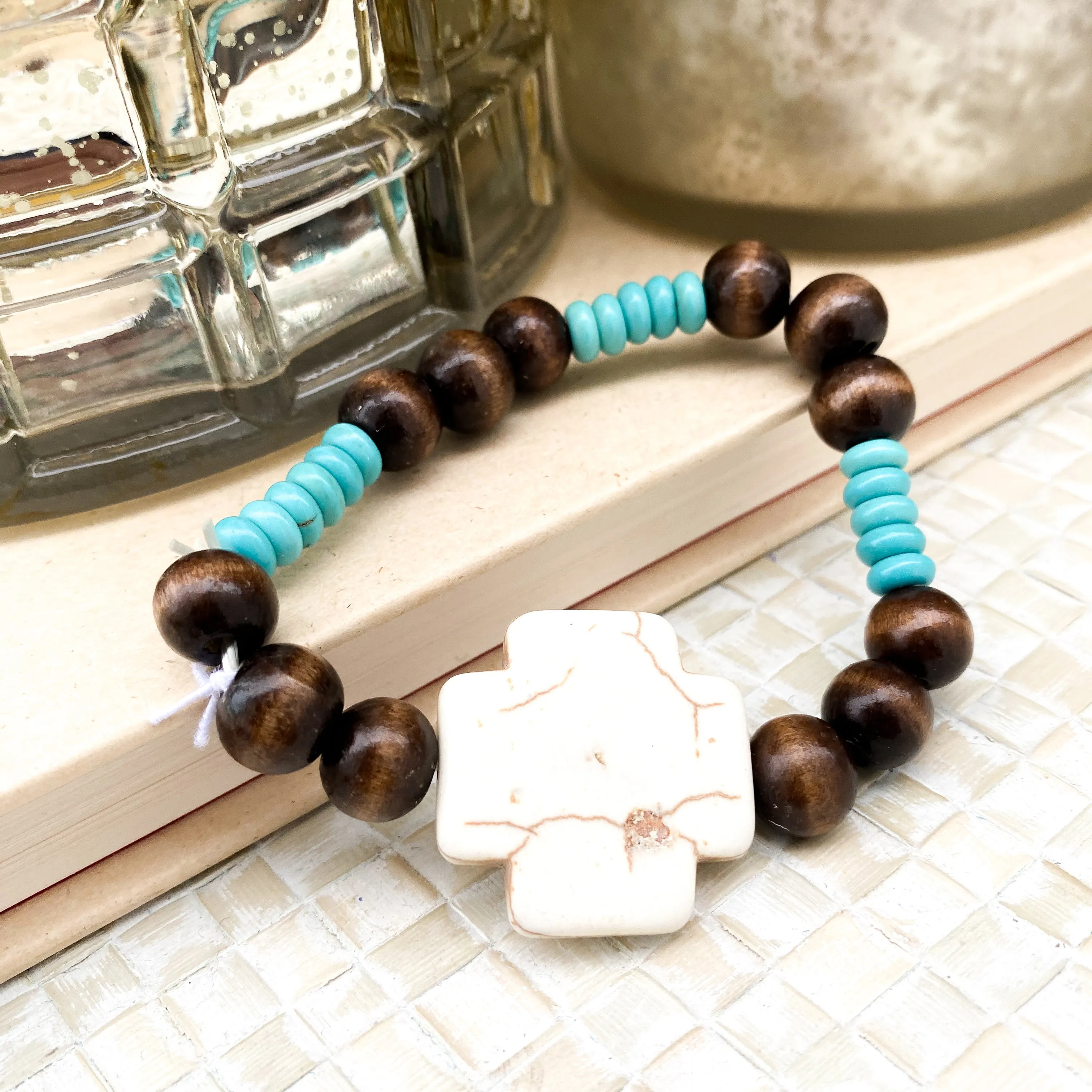 "Kory" Wooden, Turquoise, and Bone Cross Bracelet 