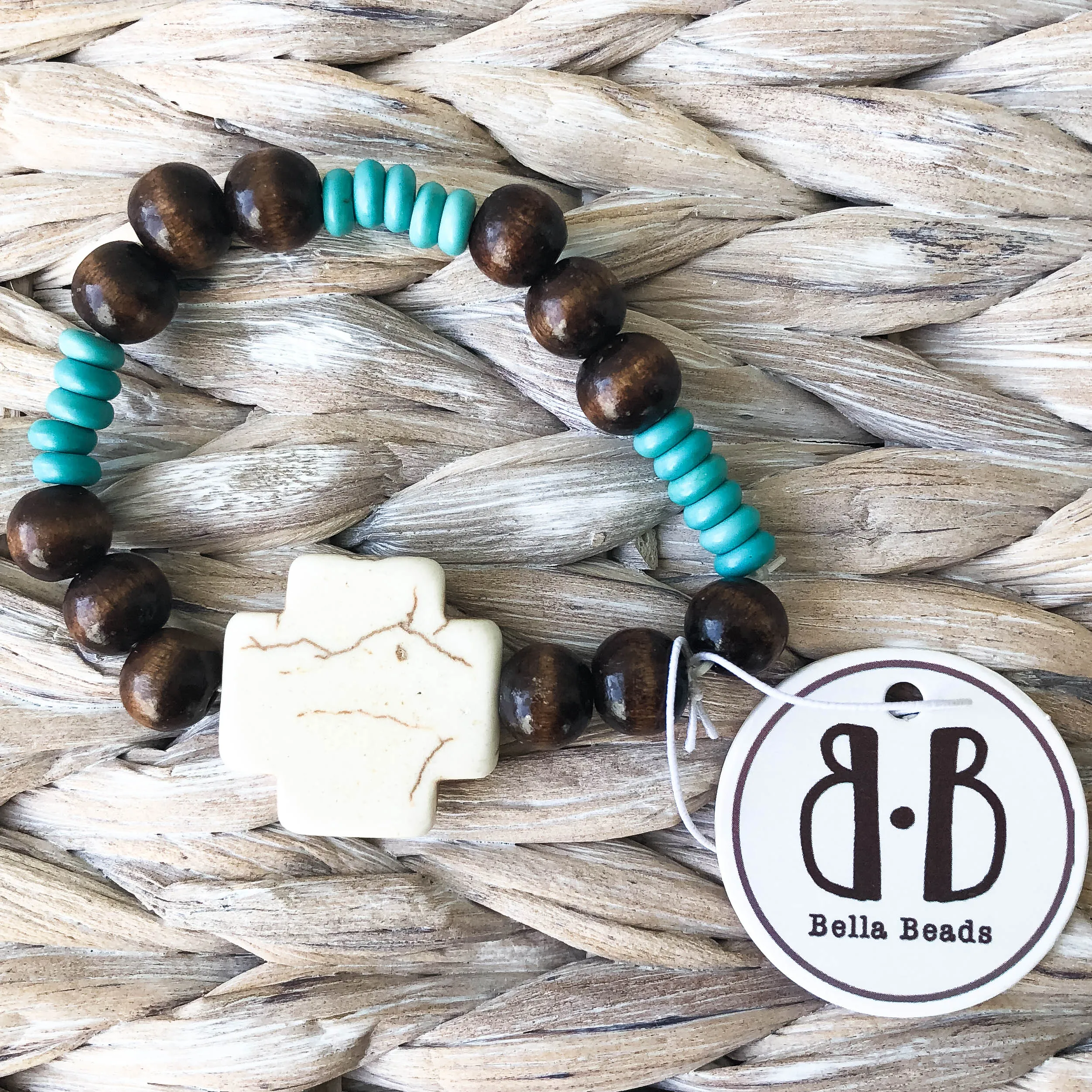 "Kory" Wooden, Turquoise, and Bone Cross Bracelet 